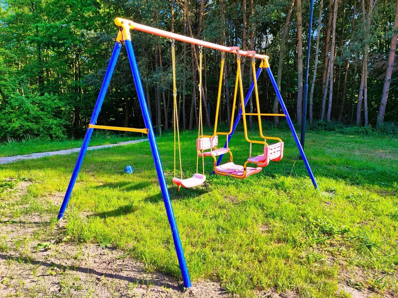 Metalowa huśtawka na trawie przed lasem